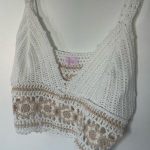 Pink Lily White and Tan Crochet Crop Top
